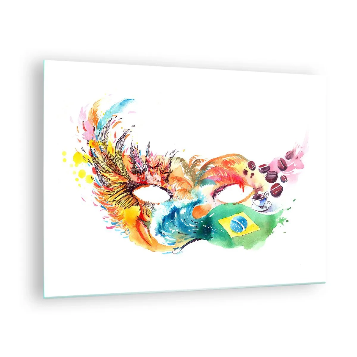 Glastavla - Bild på glas - En färgglad mask inspirerad av den brasilianska karnevalen - 70x50cm - Brasilien hälsar välkommen med samba - Modern väggdekoration för vardagsrum och sovrum ARTTOR