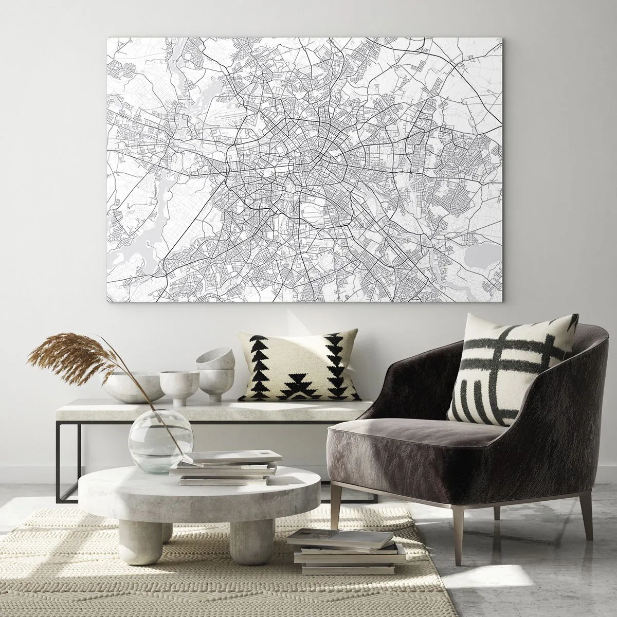 Glastavla - Bild på glas - Svartvit karta över Berlin med geometrisk gatuplanering - 70x50cm - Berlins blomma - Modern väggdekoration för vardagsrum och sovrum ARTTOR