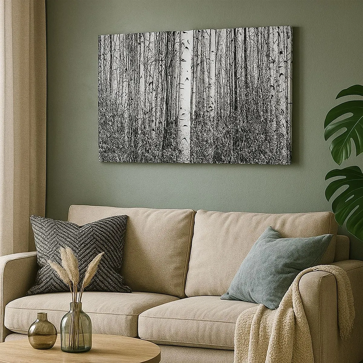 Canvastavla - Bild på duk - Svartvita björkar i skogen - 70x50cm - Björkpelargång - Modern väggdekoration för vardagsrum och sovrum ARTTOR