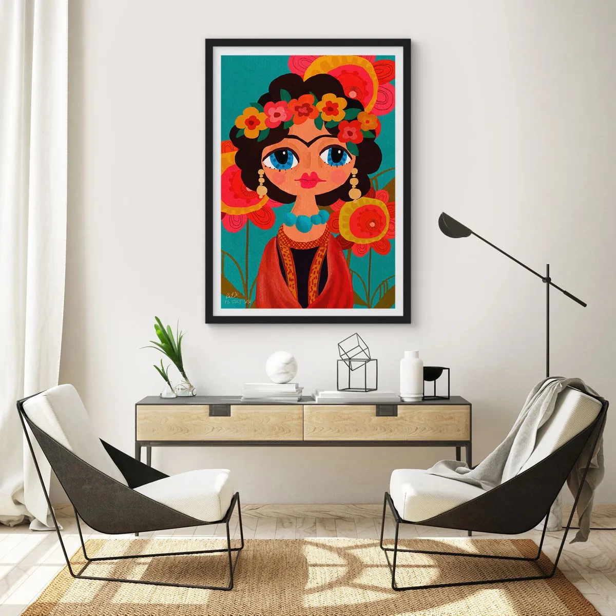 Affisch i svart ram - Färgglatt porträtt av en kvinna i folkstil och en blomsterkrona - 50x70cm - Vallmojungfru - Modern väggdekoration för vardagsrum och sovrum ARTTOR