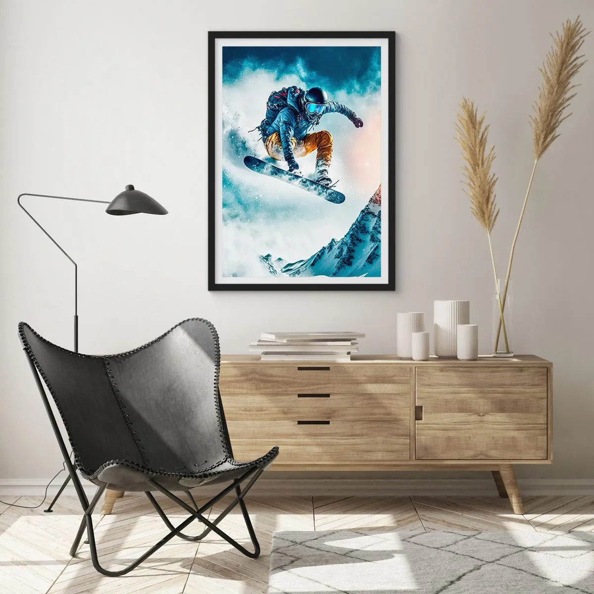 Affisch i svart ram - En snowboardåkare flyger över en snötäckt bergstopp - 50x70cm - Extrema känslor - Modern väggdekoration för vardagsrum och sovrum ARTTOR