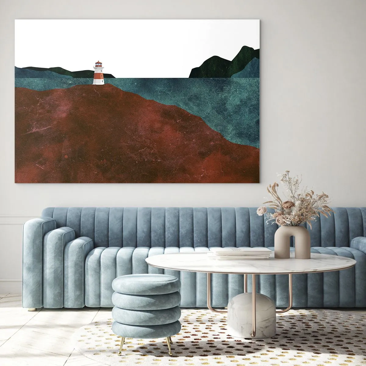 Glastavla - Bild på glas - En fyr mot bakgrund av ett turkost hav och röda klippor - 70x50cm - Med blicken riktad mot havet - Modern väggdekoration för vardagsrum och sovrum ARTTOR