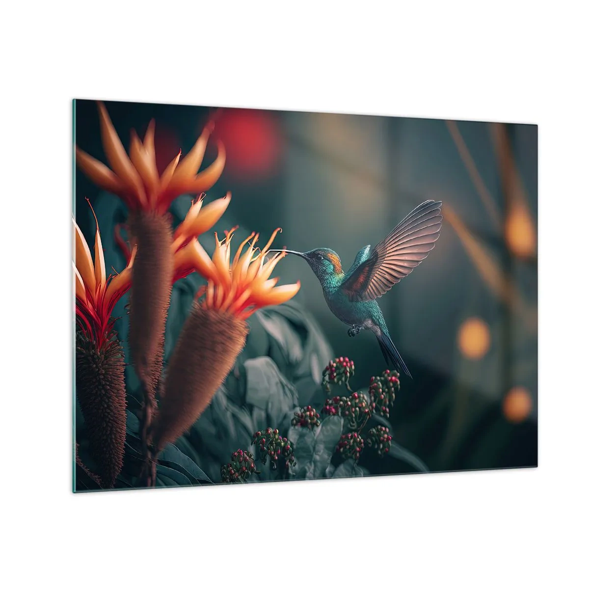 Glastavla - Bild på glas - En kolibri svävar över exotiska blommor bland bladen. - 70x50cm - Ett verkligt färgglatt liv - Modern väggdekoration för vardagsrum och sovrum ARTTOR