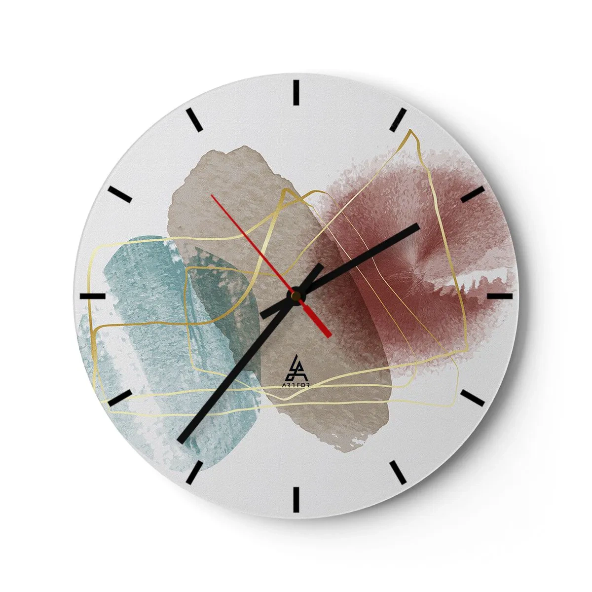 Väggklocka - Klocka på glas - Färgglada akvarellstänk och guldlinjer på vit bakgrund - 30x30cm - Rummets pärlor - Modern väggdekoration för vardagsrum, kök och sovrum ARTTOR