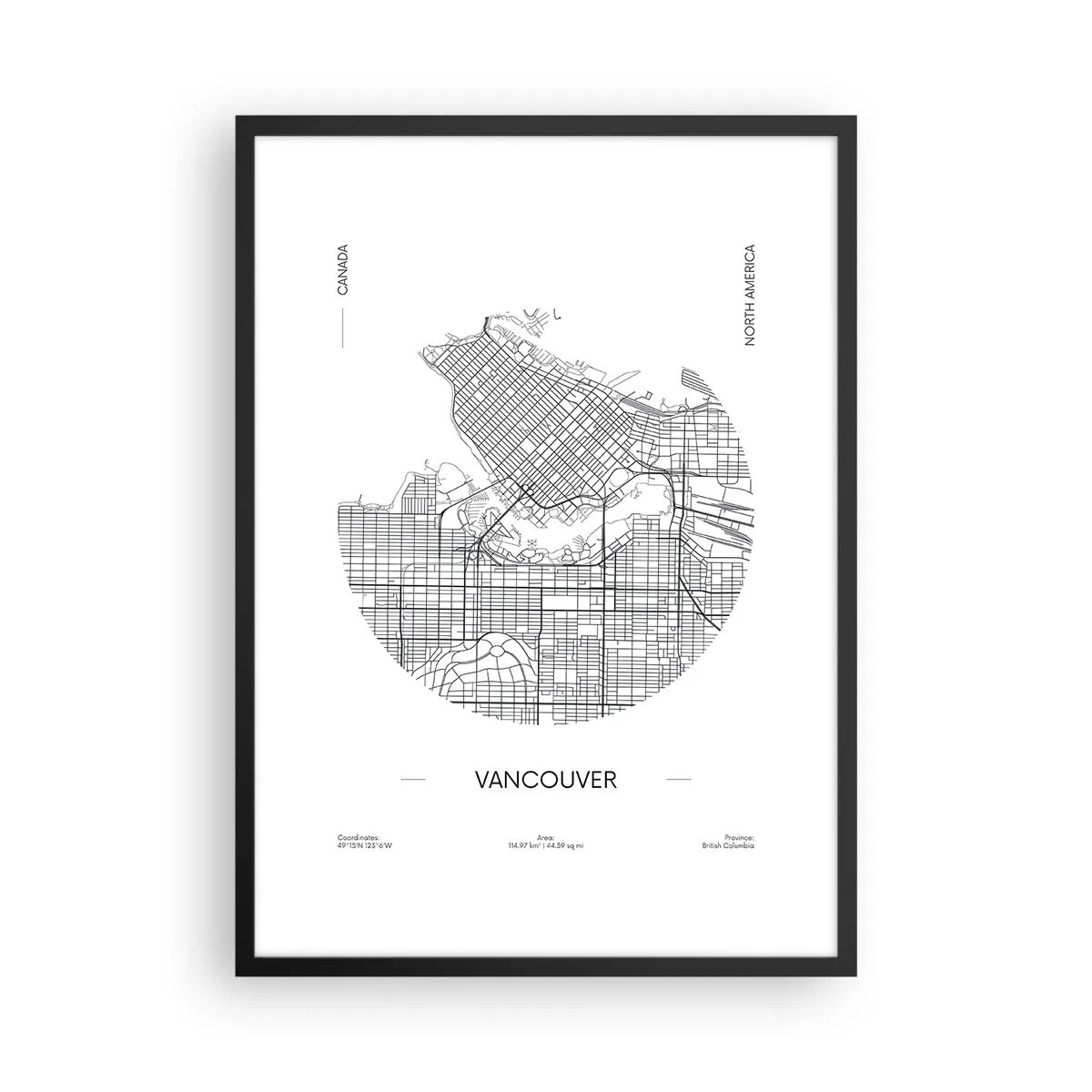 Affisch i svart ram - En minimalistisk svartvit karta över Vancouver - 50x70cm - Vacouvers anatomi - Modern väggdekoration för vardagsrum och sovrum ARTTOR