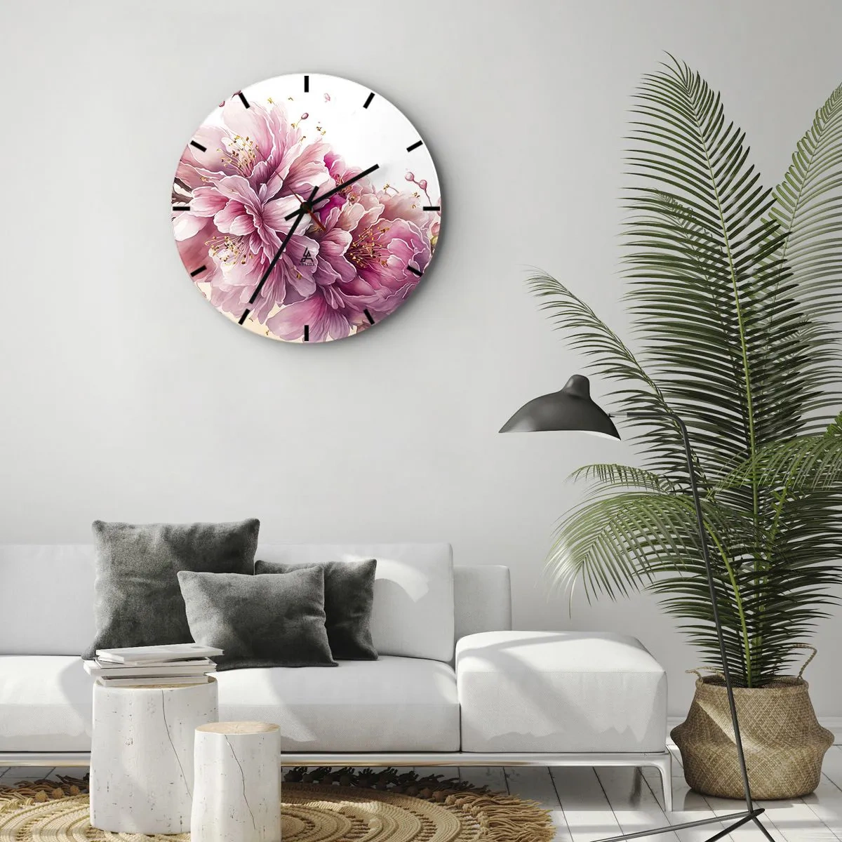 Väggklocka - Klocka på glas - Blommande rosa körsbärsblommor på en vit bakgrund i en konstnärlig stil - 30x30cm - Blommande körsbärsblomma - Modern väggdekoration för vardagsrum, kök och sovrum ARTTOR