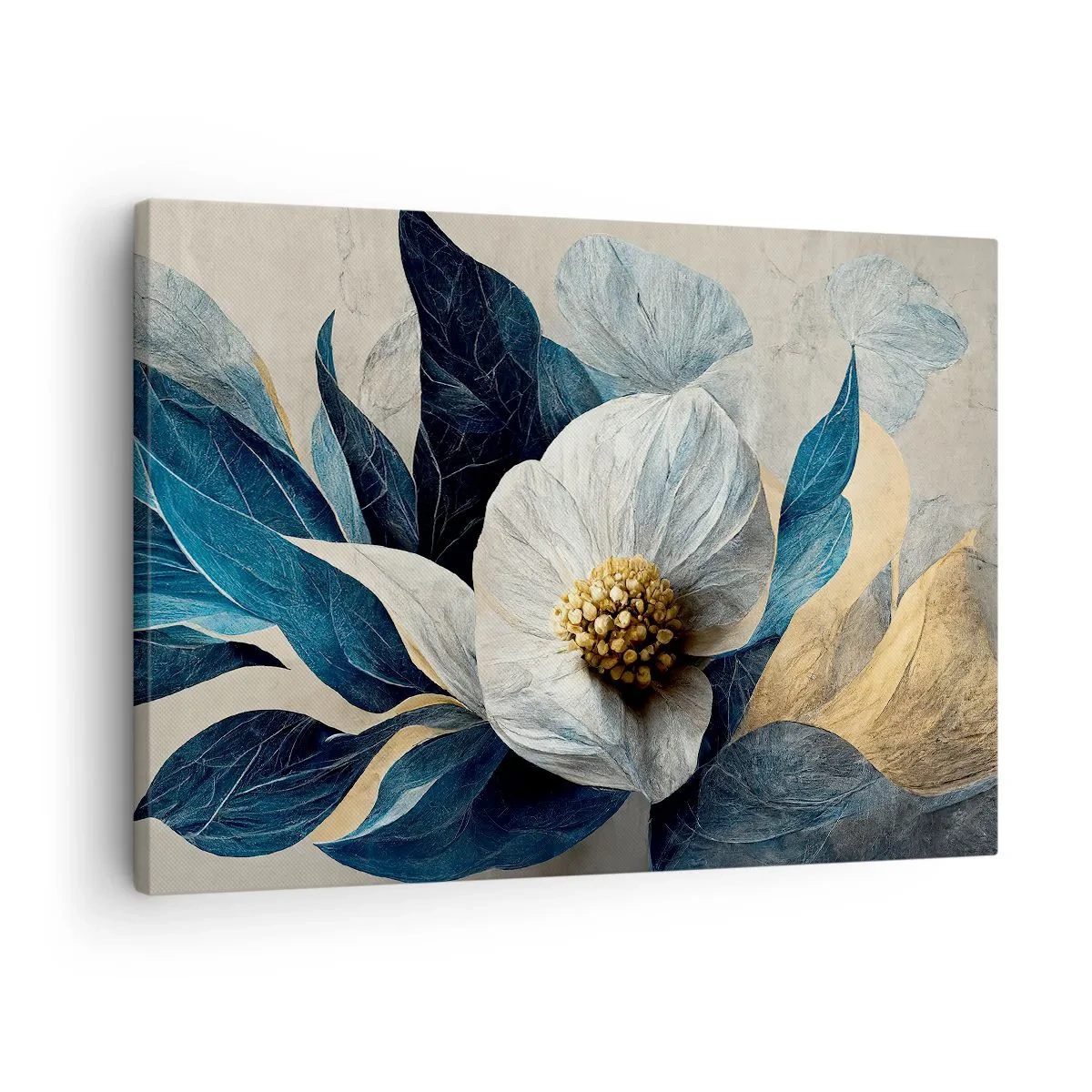 Canvastavla - Bild på duk - En blomma med blå blad på en elegant bakgrund - 70x50cm - Har ett hjärta av guld - Modern väggdekoration för vardagsrum och sovrum ARTTOR