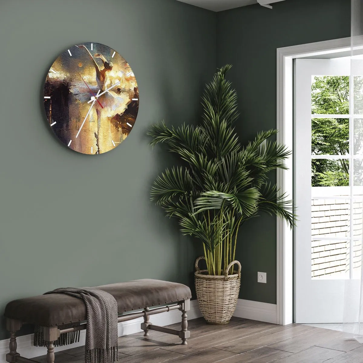 Väggklocka - Klocka på glas - En dansare i vit klänning fångad i dynamisk rörelse - 30x30cm - Ett mirakel på gatan - Modern väggdekoration för vardagsrum, kök och sovrum ARTTOR