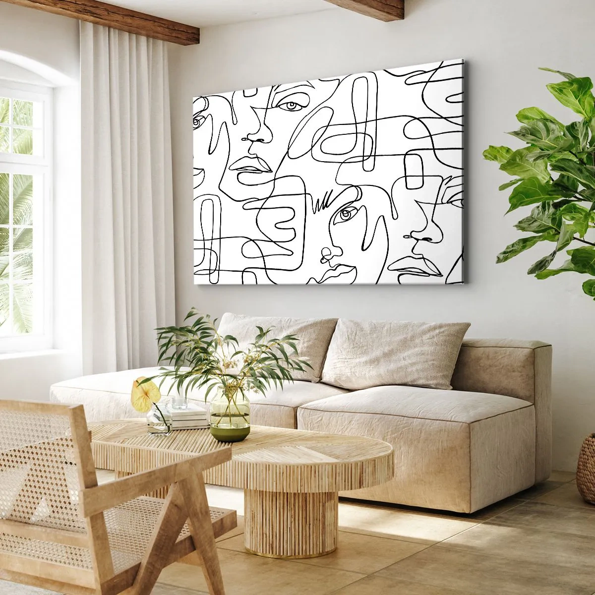 Canvastavla - Bild på duk - En minimalistisk teckning av ett ansikte med linjer mot en ljus bakgrund. - 70x50cm - I trassliga känslor - Modern väggdekoration för vardagsrum och sovrum ARTTOR