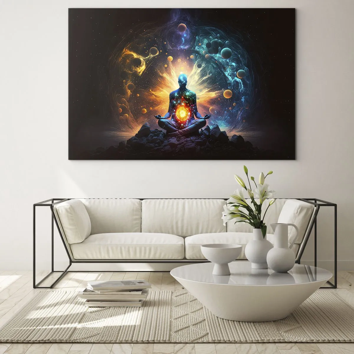 Glastavla - Bild på glas - En mediterande silhuett i en kosmisk explosion av färger - 70x50cm - Kosmisk stillhet - Modern väggdekoration för vardagsrum och sovrum ARTTOR