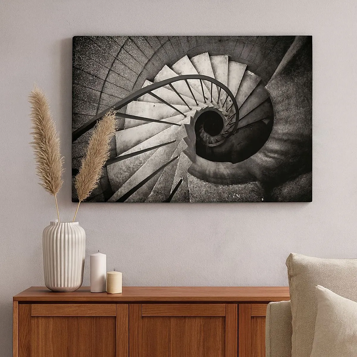 Canvastavla - Bild på duk - Svartvit spiraltrappa i modern stil - 70x50cm - Uppför trappan, nedför trappan - Modern väggdekoration för vardagsrum och sovrum ARTTOR