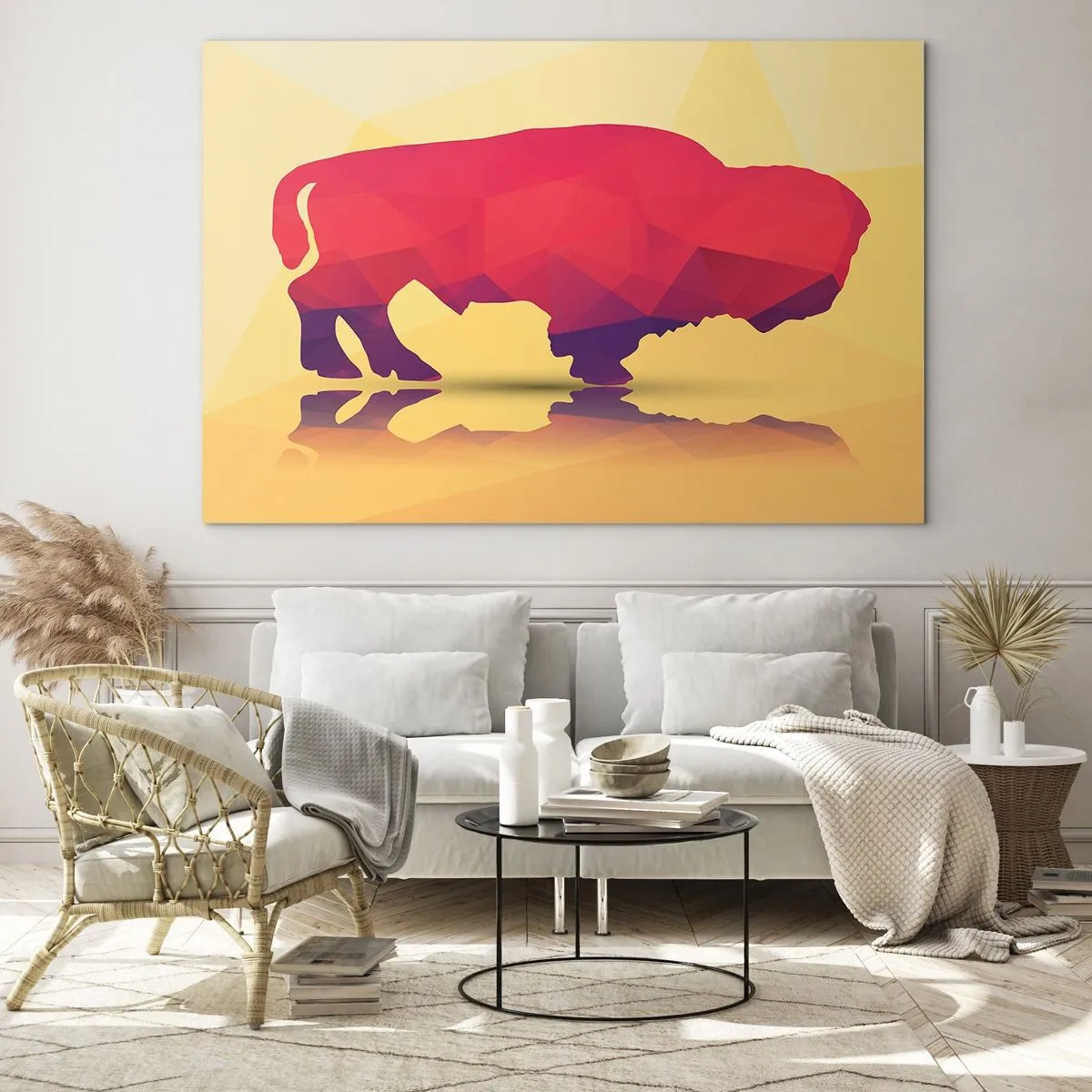 Glastavla - Bild på glas - Geometrisk bison i varma färger - 70x50cm - Visentens amaranta styrka - Modern väggdekoration för vardagsrum och sovrum ARTTOR