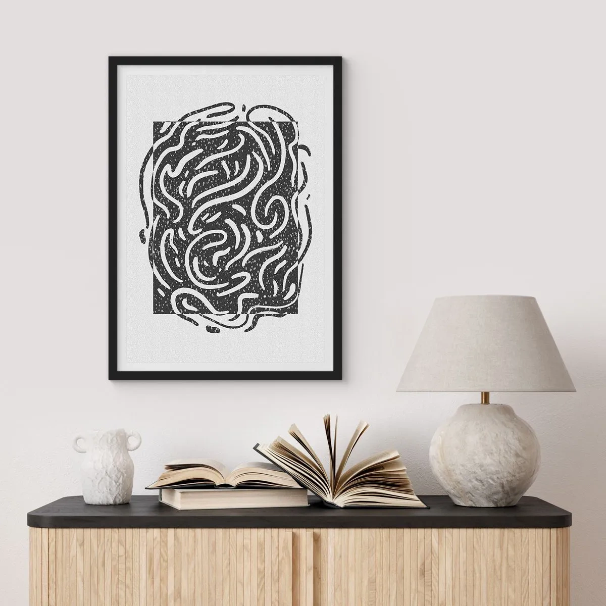 Affisch i svart ram - Abstrakt komposition med dynamiska linjer och former i svartvitt. - 50x70cm - Abstraktion: en dans av glädje - Modern väggdekoration för vardagsrum och sovrum ARTTOR