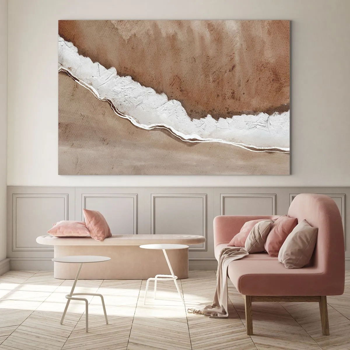 Glastavla - Bild på glas - Konstnärlig struktur i jordfärger och vitt - 70x50cm - I jordnära färger - Modern väggdekoration för vardagsrum och sovrum ARTTOR