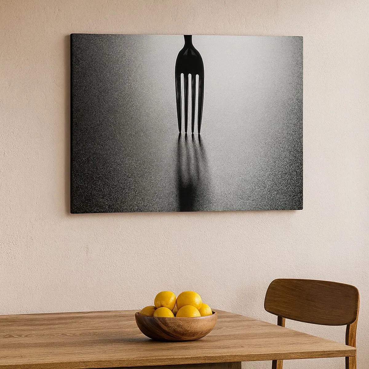 Canvastavla - Bild på duk - En minimalistisk tolkning av en gaffel i svartvitt med skuggspel. - 70x50cm - Ljus och skugga - Modern väggdekoration för vardagsrum och sovrum ARTTOR
