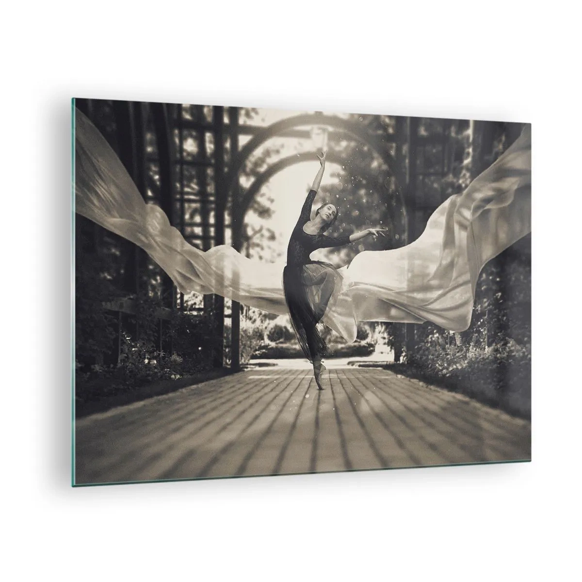 Glastavla - Bild på glas - En dansare i rörelse mot en trädgårdsbakgrund i svartvitt. - 70x50cm - Trädgårdsandens dans - Modern väggdekoration för vardagsrum och sovrum ARTTOR