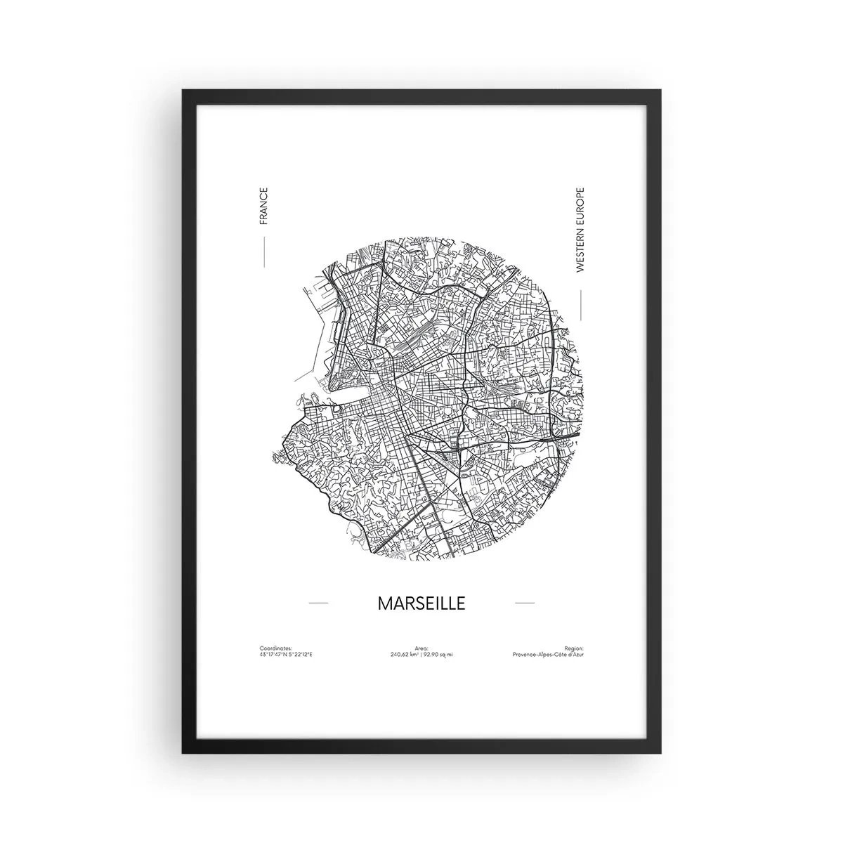 Affisch i svart ram - Minimalistisk karta över Marseille i en cirkel - 50x70cm - Marseilles anatomi - Modern väggdekoration för vardagsrum och sovrum ARTTOR