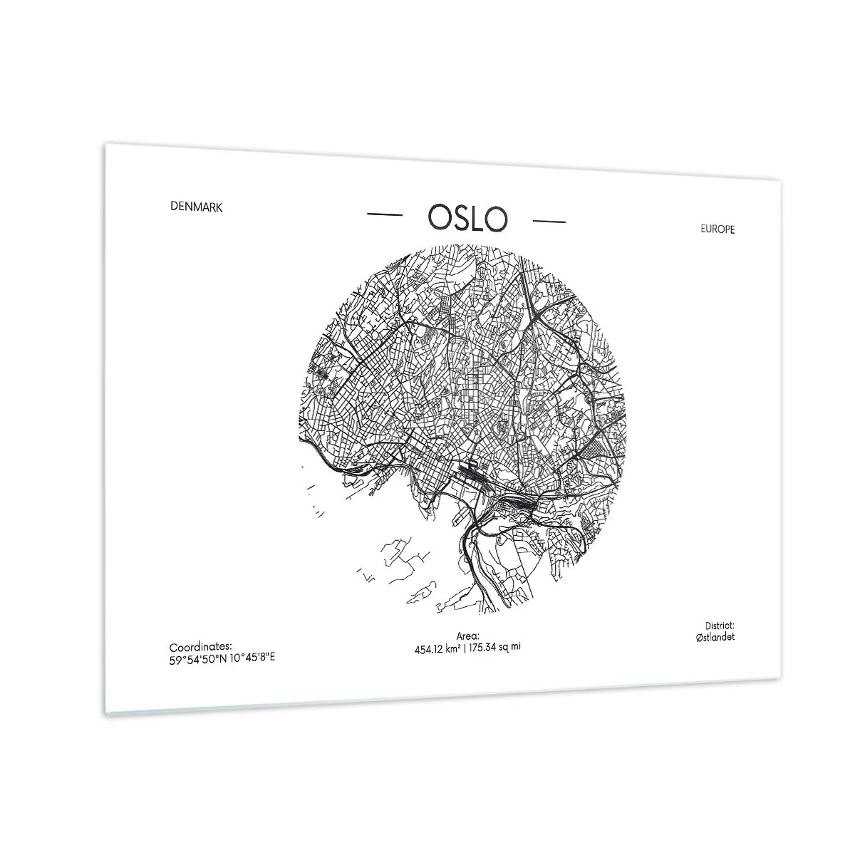 Glastavla - Bild på glas - Oslo stadskarta i svartvit grafisk stil - 70x50cm - Oslos anatomi - Modern väggdekoration för vardagsrum och sovrum ARTTOR