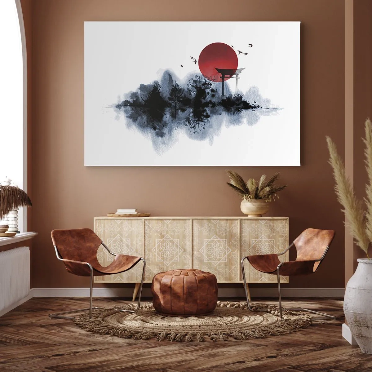 Canvastavla - Bild på duk - Röd sol över ett pittoreskt landskap med torii - 70x50cm - Japansk utsikt - Modern väggdekoration för vardagsrum och sovrum ARTTOR