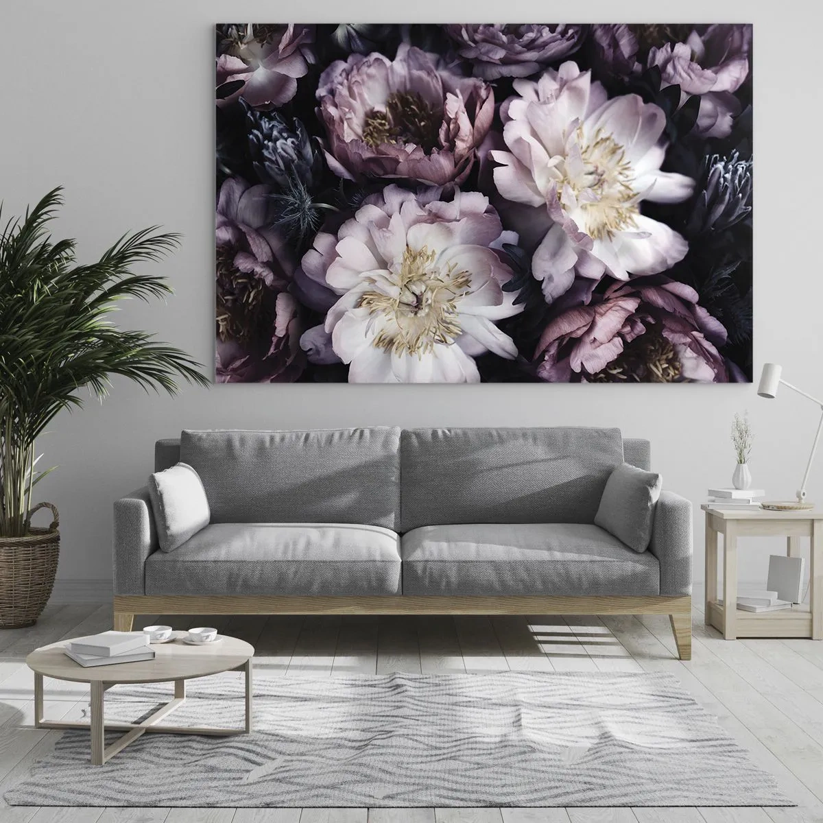 Glastavla - Bild på glas - En romantisk bukett pioner i dämpade lila och rosa nyanser - 70x50cm - En bukett i gammal stil - Modern väggdekoration för vardagsrum och sovrum ARTTOR