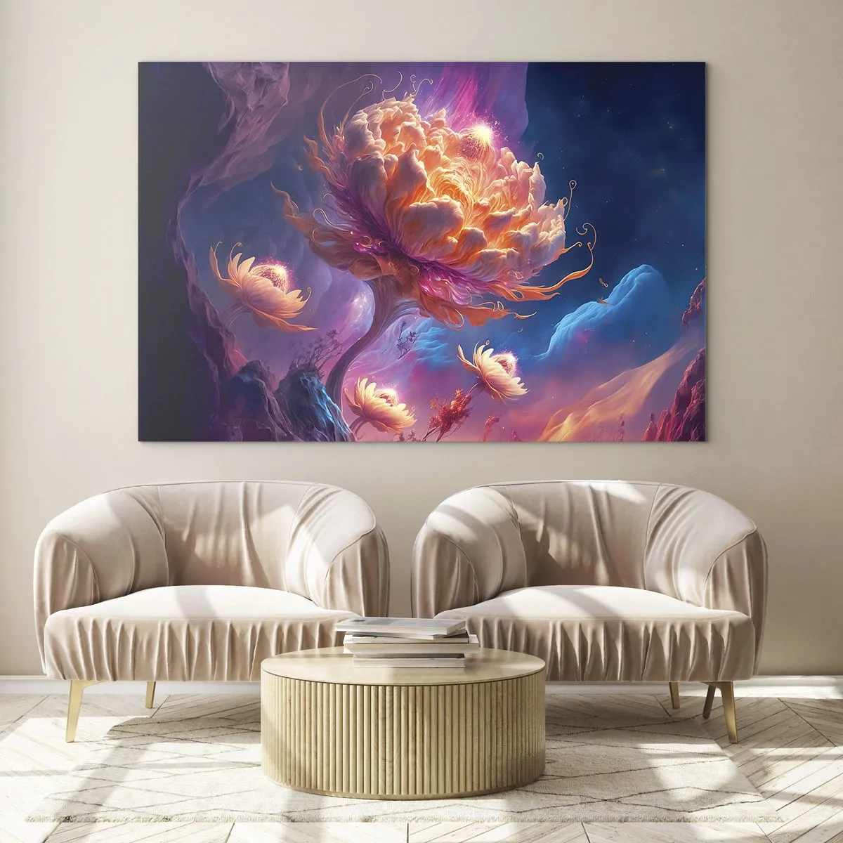 Glastavla - Bild på glas - En fantastisk blomma som svävar i en kosmisk miljö - 70x50cm - En annan värld - Modern väggdekoration för vardagsrum och sovrum ARTTOR