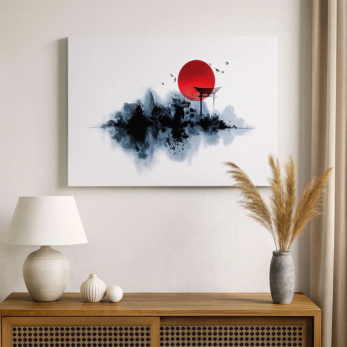 Canvastavla - Bild på duk - Röd sol över ett pittoreskt landskap med torii - 70x50cm - Japansk utsikt - Modern väggdekoration för vardagsrum och sovrum ARTTOR