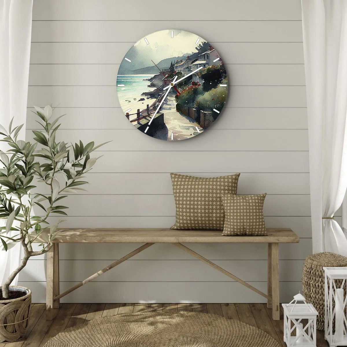 Väggklocka - Klocka på glas - En kuststig som leder genom medelhavsbyggnader med havsutsikt - 30x30cm - Medelhavsstad - Modern väggdekoration för vardagsrum, kök och sovrum ARTTOR