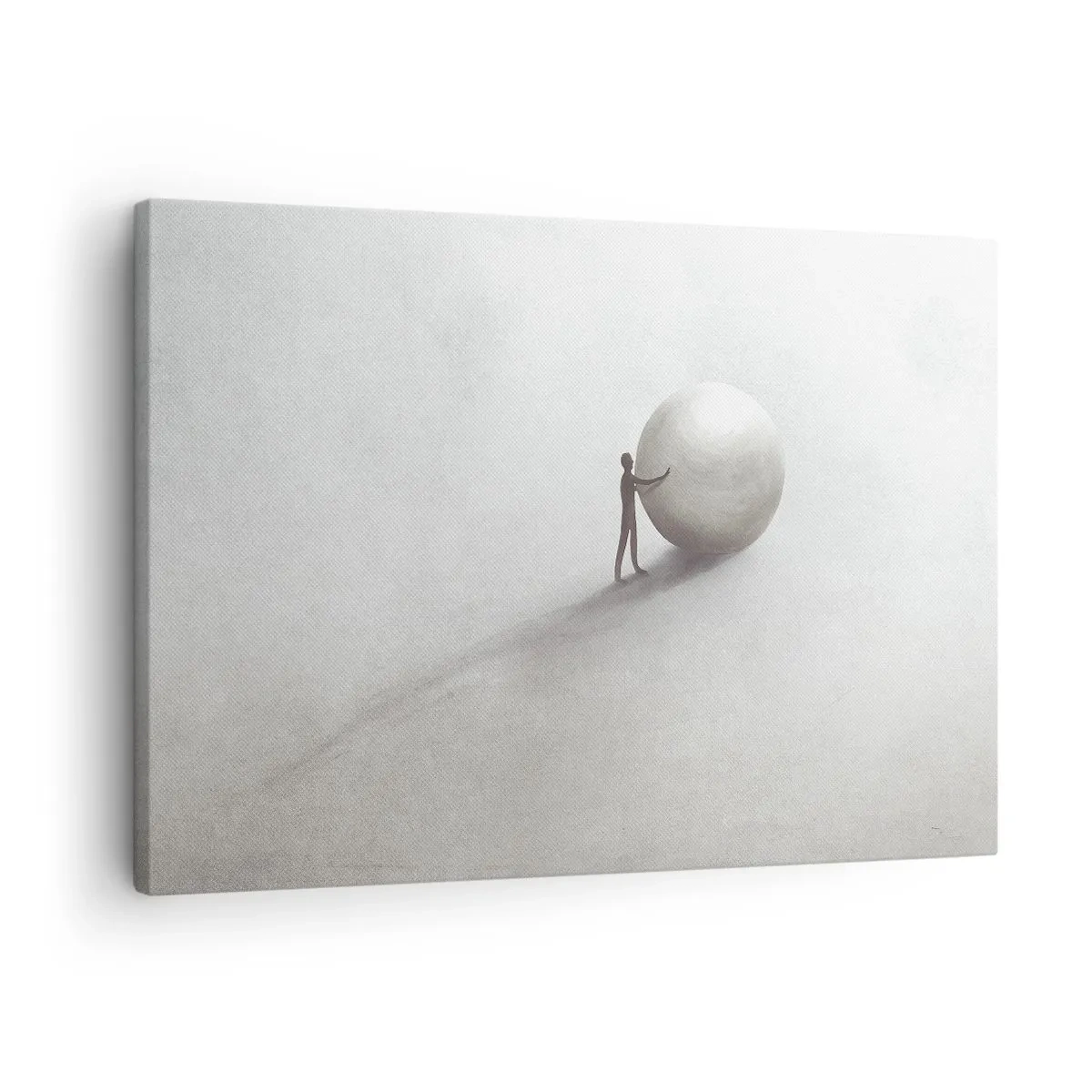 Canvastavla - Bild på duk - En minimalistisk figur med en boll mot en ljus, monokromatisk bakgrund. - 70x50cm - Livets spel - Modern väggdekoration för vardagsrum och sovrum ARTTOR