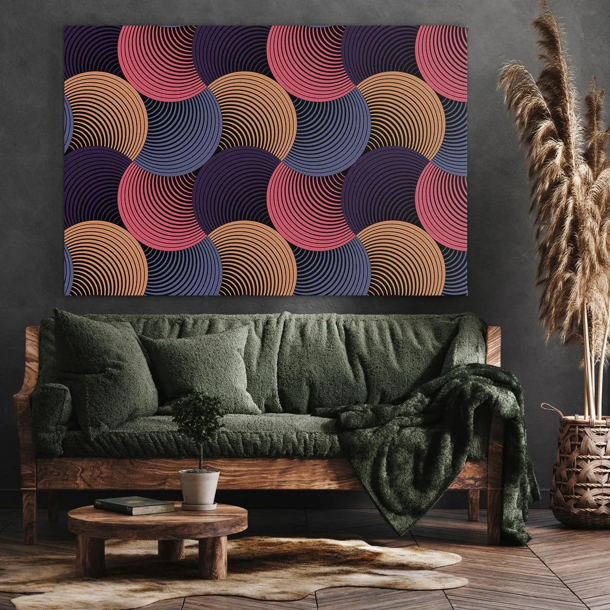Canvastavla - Bild på duk - Geometriska cirklar i nyanser av rosa, lila och guld - 70x50cm - I en cirkulär rytm - Modern väggdekoration för vardagsrum och sovrum ARTTOR
