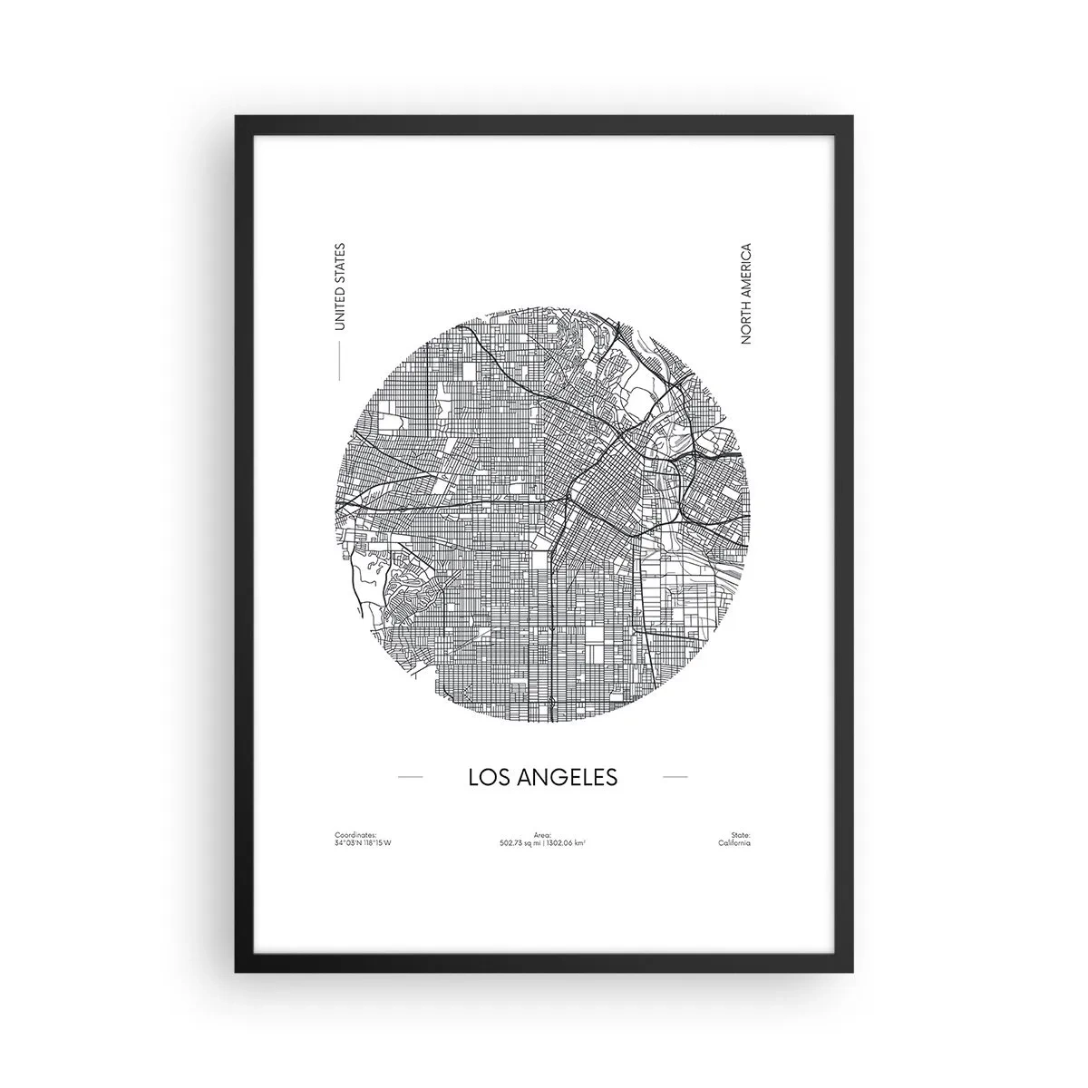 Affisch i svart ram - En minimalistisk karta över Los Angeles i svartvitt. - 50x70cm - Los Angeles anatomi - Modern väggdekoration för vardagsrum och sovrum ARTTOR