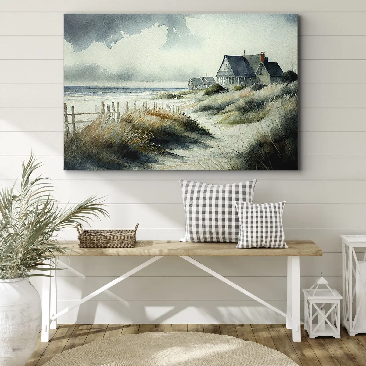 Canvastavla - Bild på duk - Ett hus vid havet omgivet av gräs och med utsikt över havet - 70x50cm - Borta från liv och rörelse - Modern väggdekoration för vardagsrum och sovrum ARTTOR