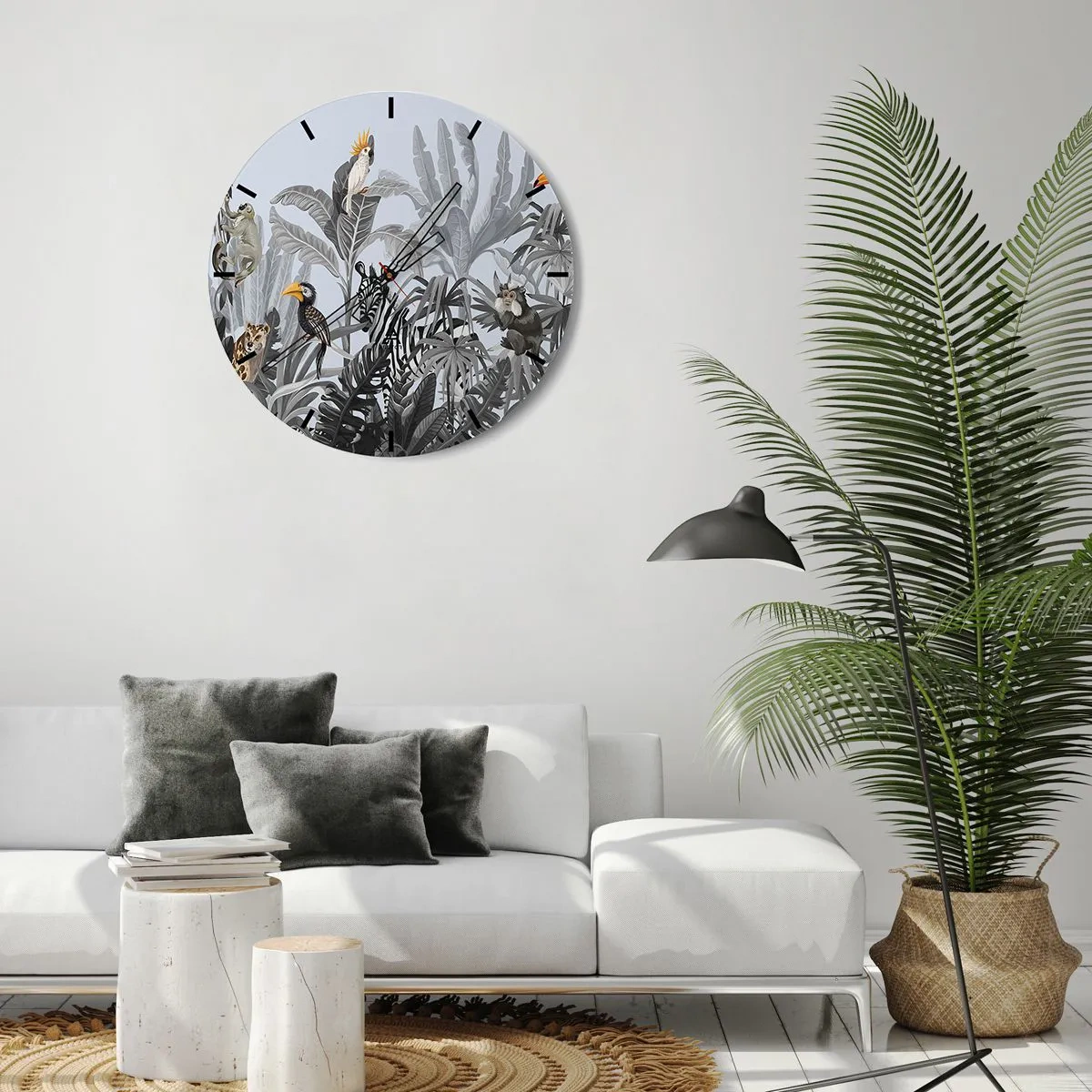 Väggklocka - Klocka på glas - Tropiska växter med exotiska djur mot en djungelbakgrund - 30x30cm - Afrikansk saga - Modern väggdekoration för vardagsrum, kök och sovrum ARTTOR