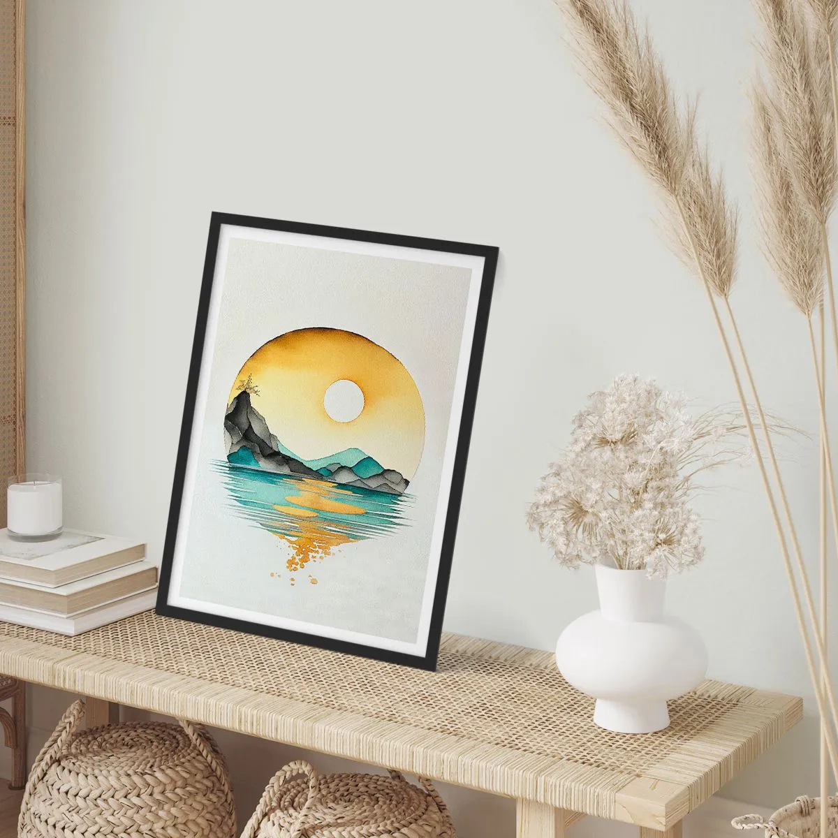 Affisch i svart ram - Ett minimalistiskt landskap av berg över vatten i gyllene färger - 50x70cm - I en cirkel av skönhet - Modern väggdekoration för vardagsrum och sovrum ARTTOR