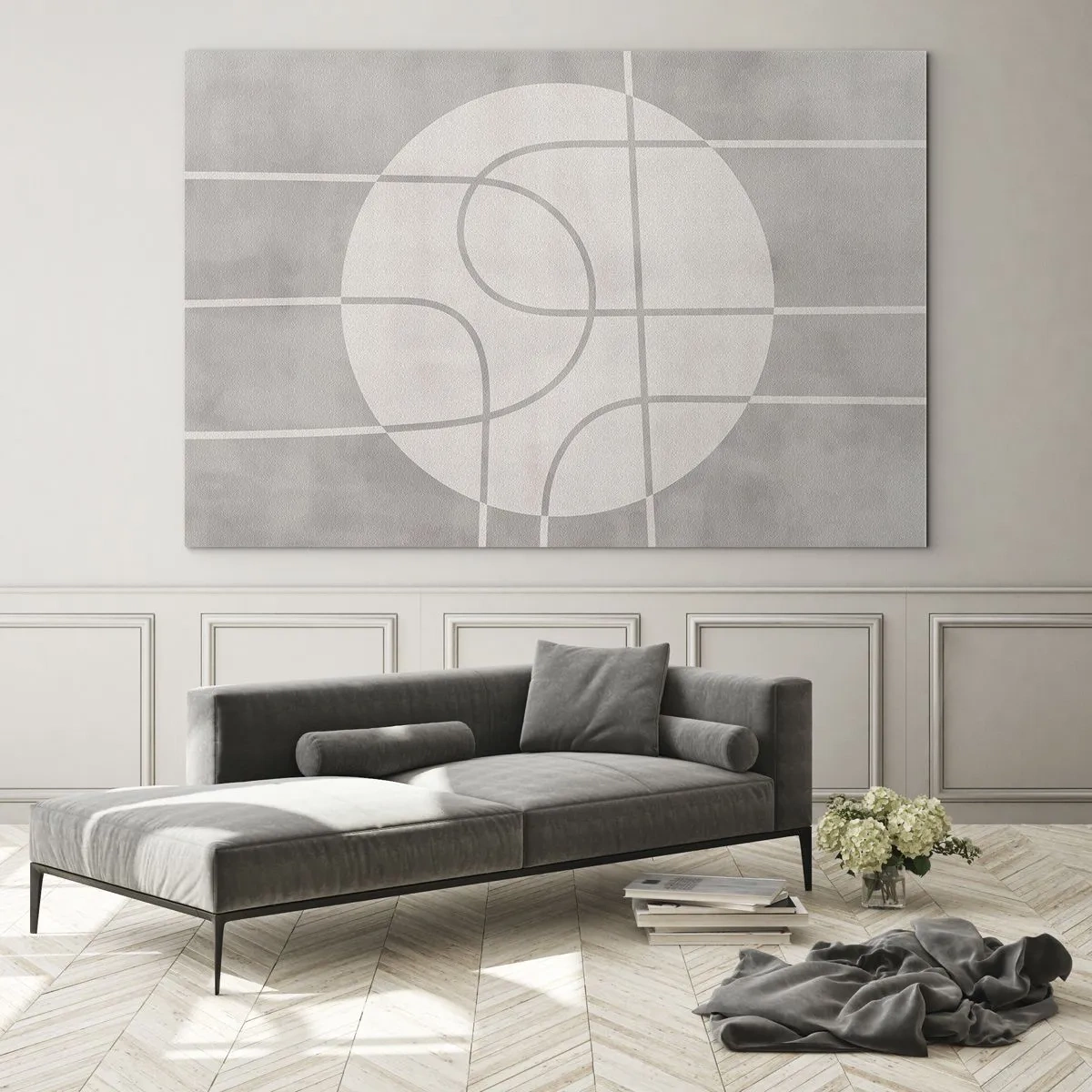 Glastavla - Bild på glas - Beige linjer och cirklar skapar en geometrisk komposition - 70x50cm - Cirkulärt och rakt fram - Modern väggdekoration för vardagsrum och sovrum ARTTOR