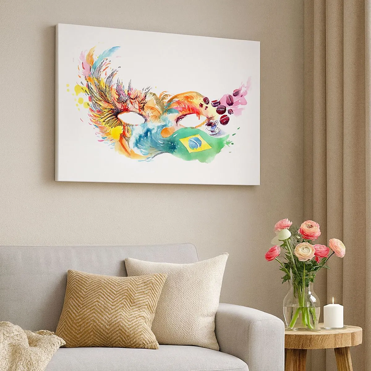 Canvastavla - Bild på duk - Färgglad akvarellmask inspirerad av Brasilien - 70x50cm - Brasilien hälsar välkommen med samba - Modern väggdekoration för vardagsrum och sovrum ARTTOR