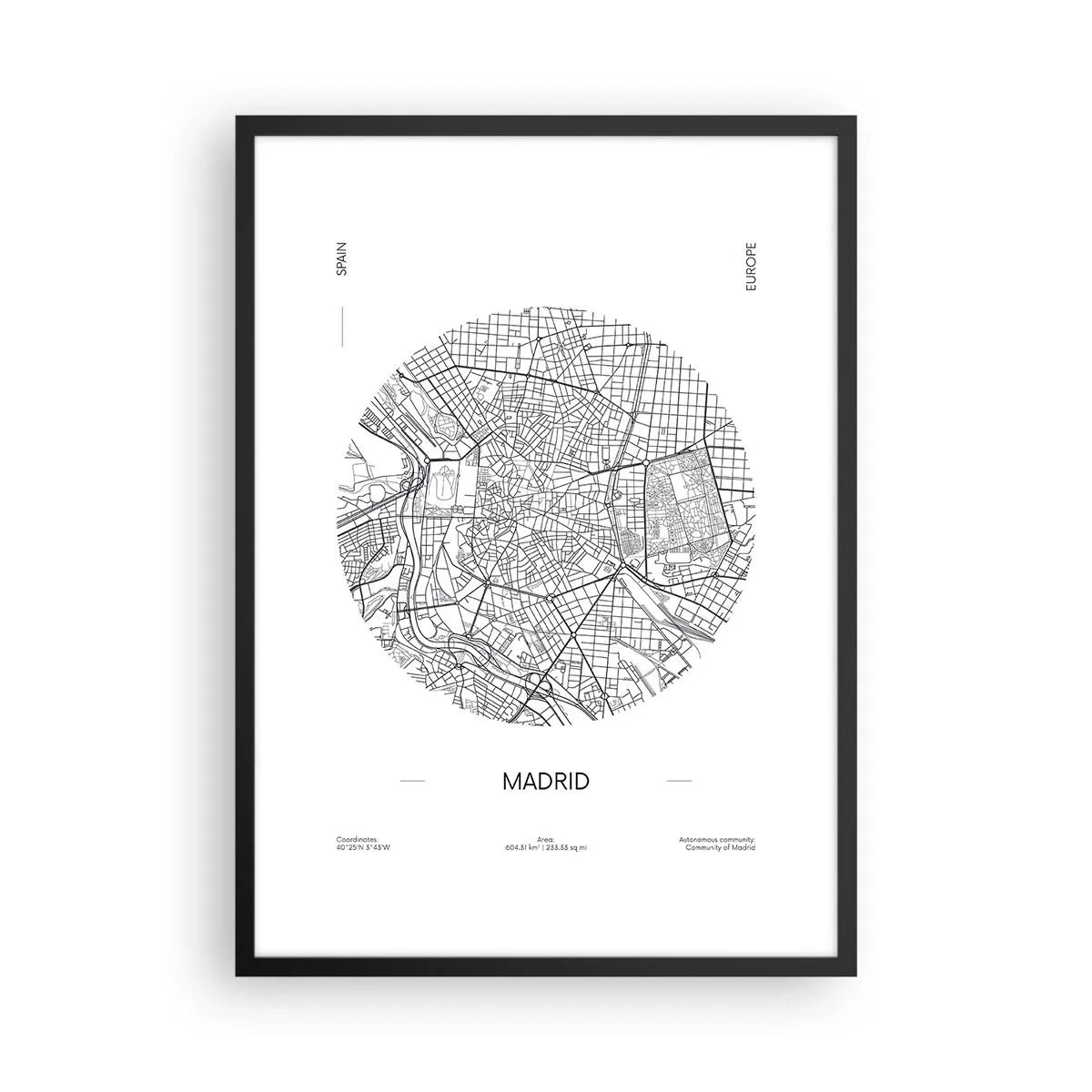 Affisch i svart ram - En minimalistisk karta över Madrid i svartvitt. - 50x70cm - Madrids anatomi - Modern väggdekoration för vardagsrum och sovrum ARTTOR