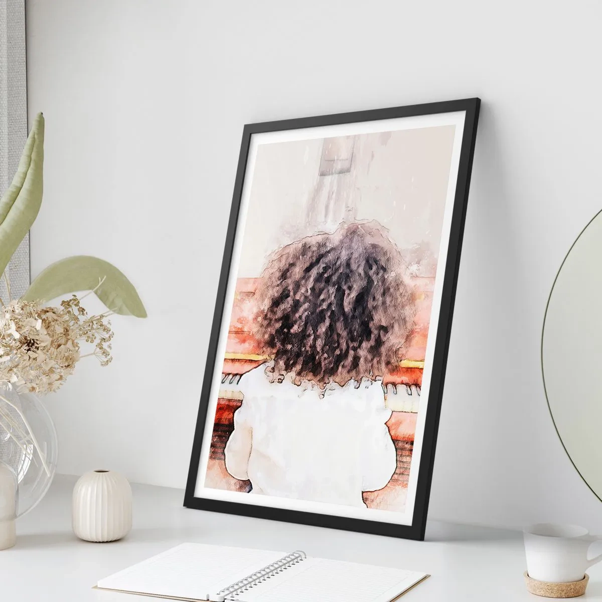 Affisch i svart ram - Ett barn med frodiga lockar som spelar piano i akvarellstil - 50x70cm - I en ny värld - Modern väggdekoration för vardagsrum och sovrum ARTTOR