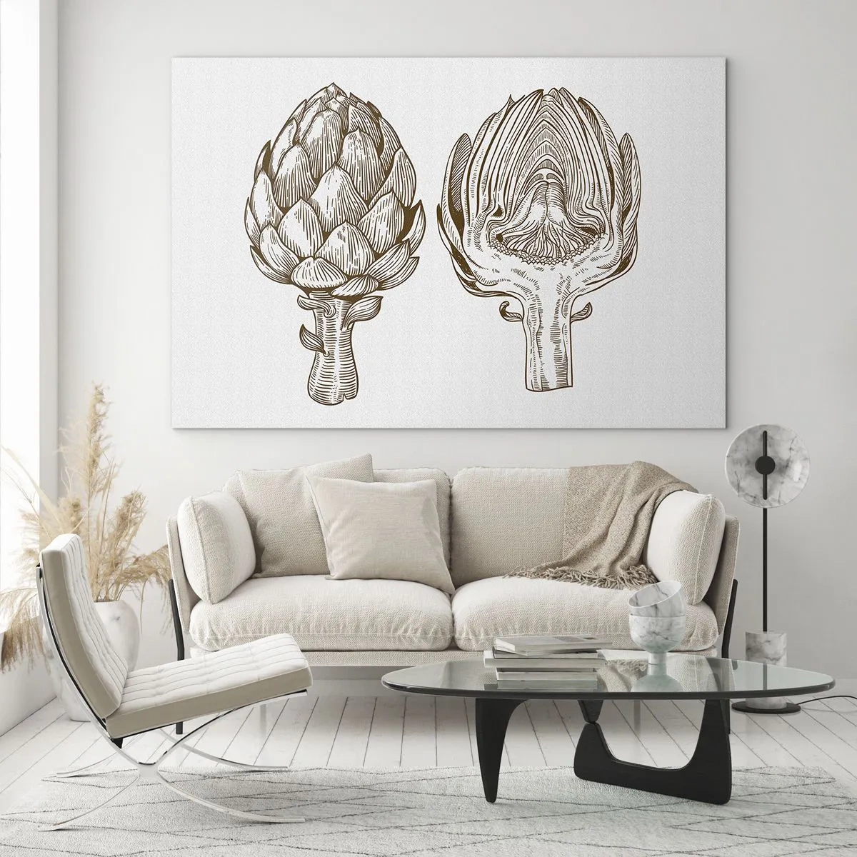 Glastavla - Bild på glas - Botanisk teckning av en kronärtskocka i sin helhet och i tvärsnitt - 70x50cm - Anatomilektion - Modern väggdekoration för vardagsrum och sovrum ARTTOR