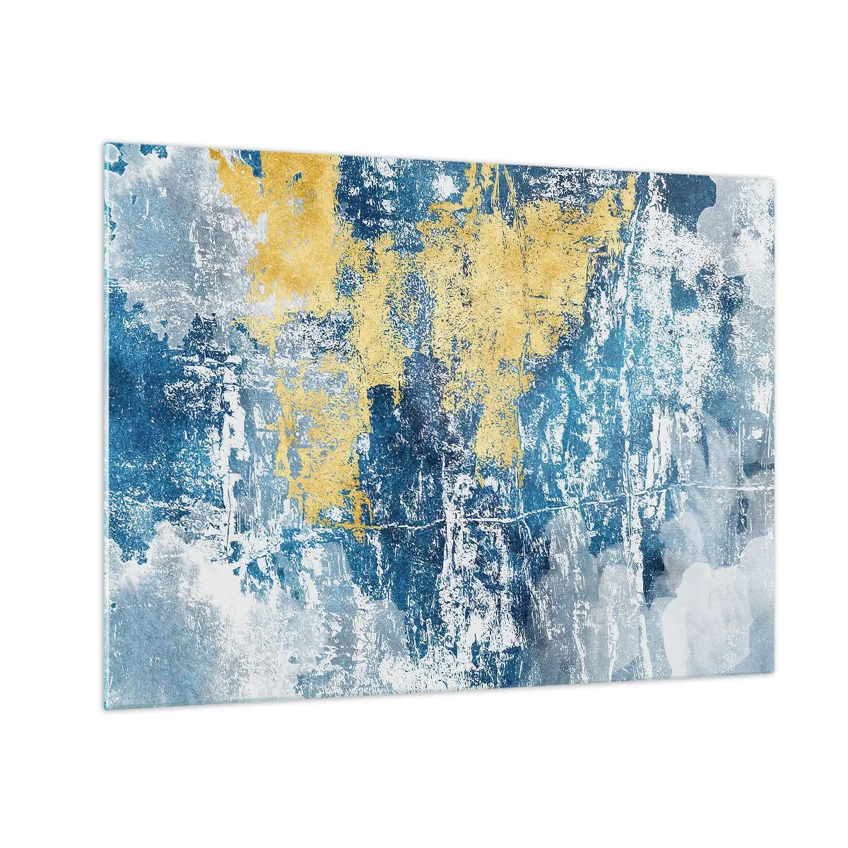 Glastavla - Bild på glas - Blå och gul abstraktion med en sliten och texturerad effekt - 70x50cm - En väderfylld abstraktion - Modern väggdekoration för vardagsrum och sovrum ARTTOR