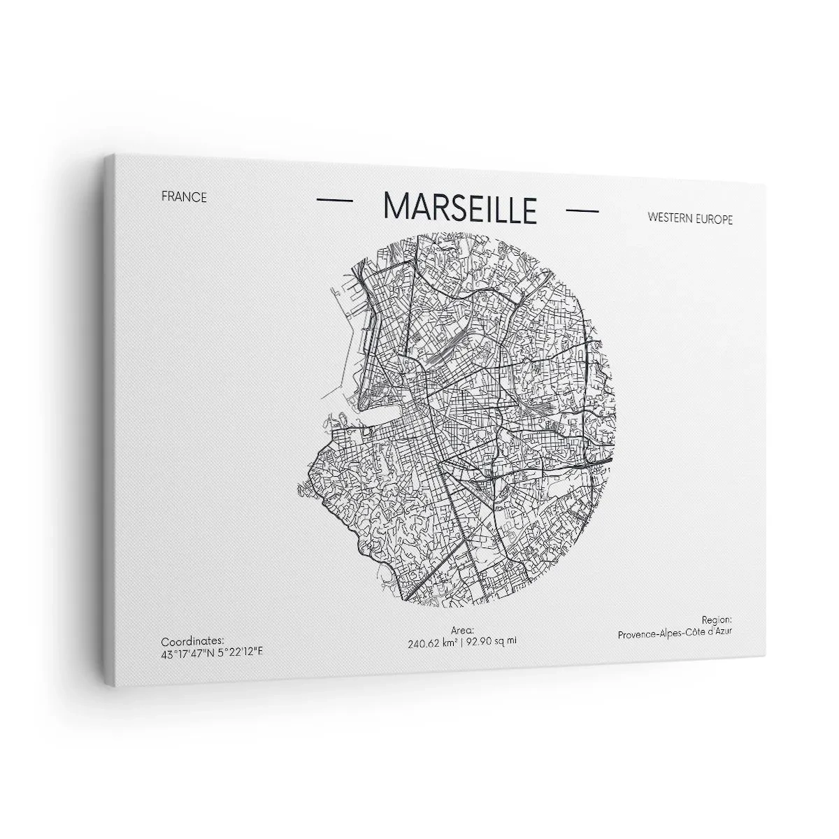 Canvastavla - Bild på duk - Karta över Marseille i minimalistisk stil - 70x50cm - Marseilles anatomi - Modern väggdekoration för vardagsrum och sovrum ARTTOR