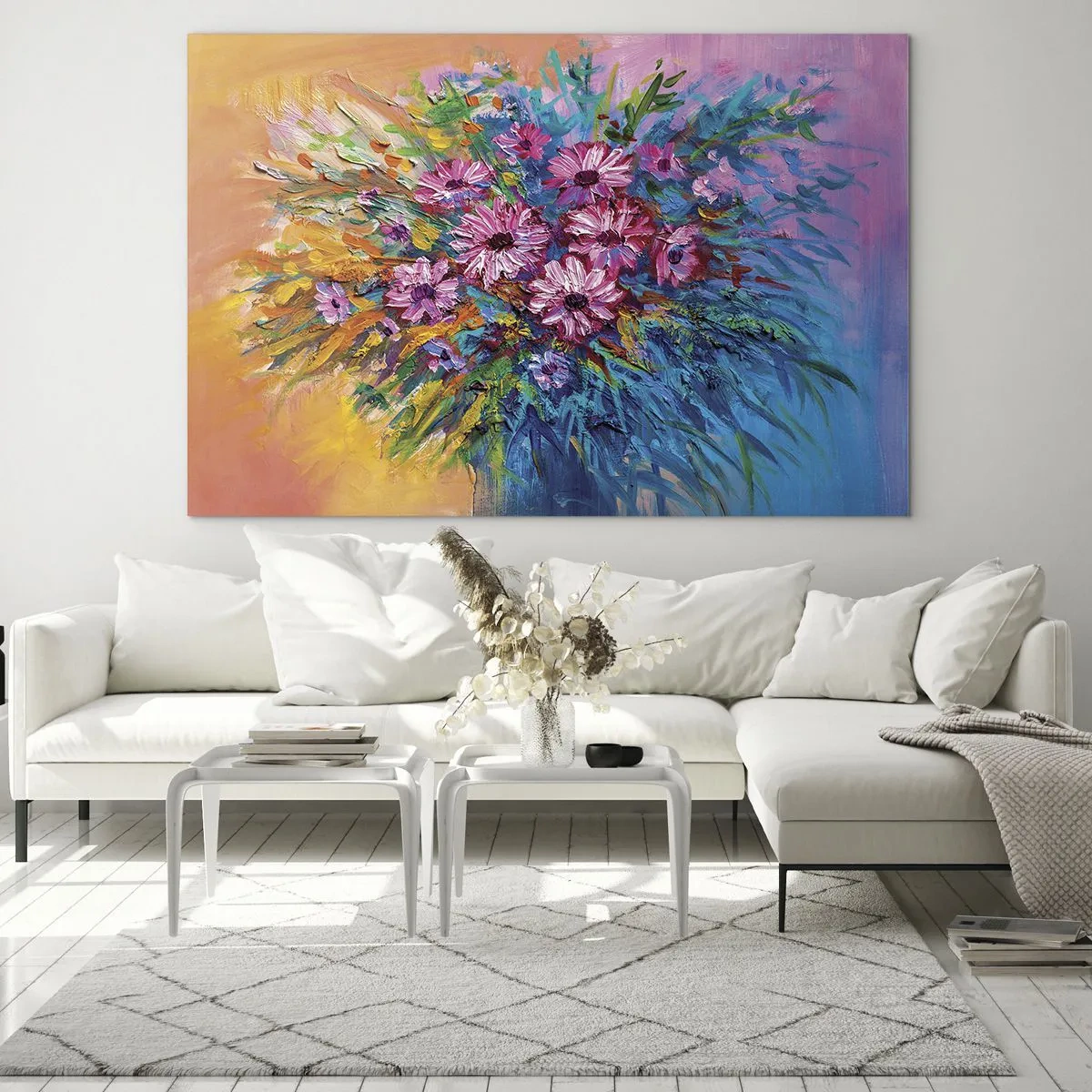 Glastavla - Bild på glas - En bukett rosa blommor i en konstnärlig, färgglad komposition - 70x50cm - Livets energi - Modern väggdekoration för vardagsrum och sovrum ARTTOR