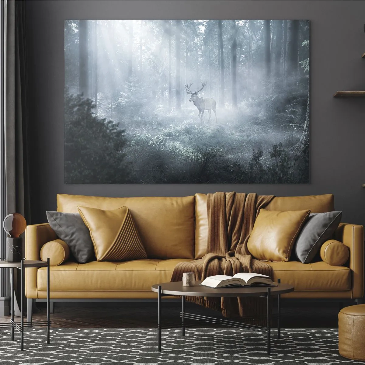 Glastavla - Bild på glas - En hjort i en dimmig skog upplyst av morgonsolens strålar - 70x50cm - Morgonrond runt godset - Modern väggdekoration för vardagsrum och sovrum ARTTOR