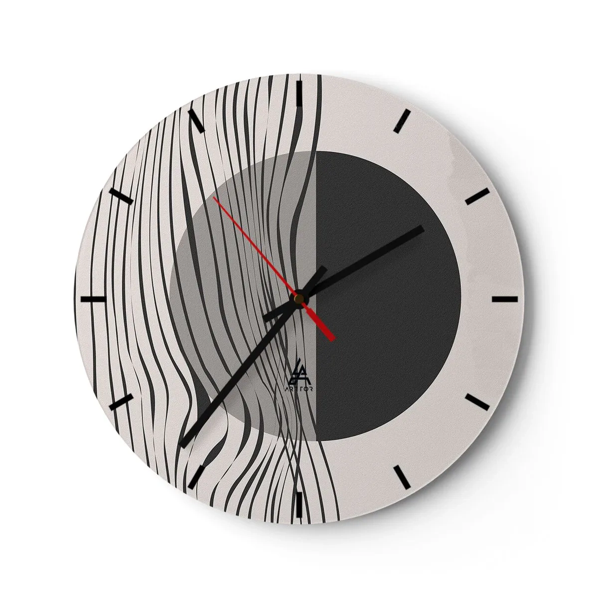 Väggklocka - Klocka på glas - Abstrakt komposition med vågor och en cirkel - 30x30cm - Halvdan komposition - Modern väggdekoration för vardagsrum, kök och sovrum ARTTOR