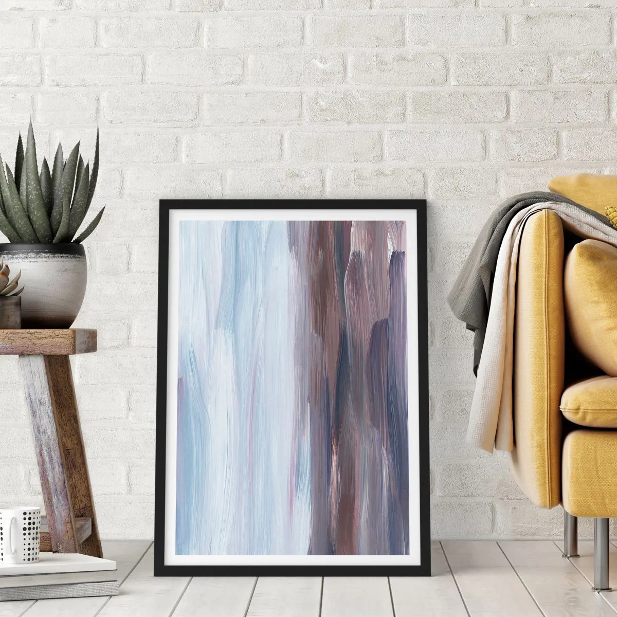 Affisch i svart ram - Abstrakta penseldrag i nyanser av blått och brunt - 50x70cm - Element: vatten - Modern väggdekoration för vardagsrum och sovrum ARTTOR