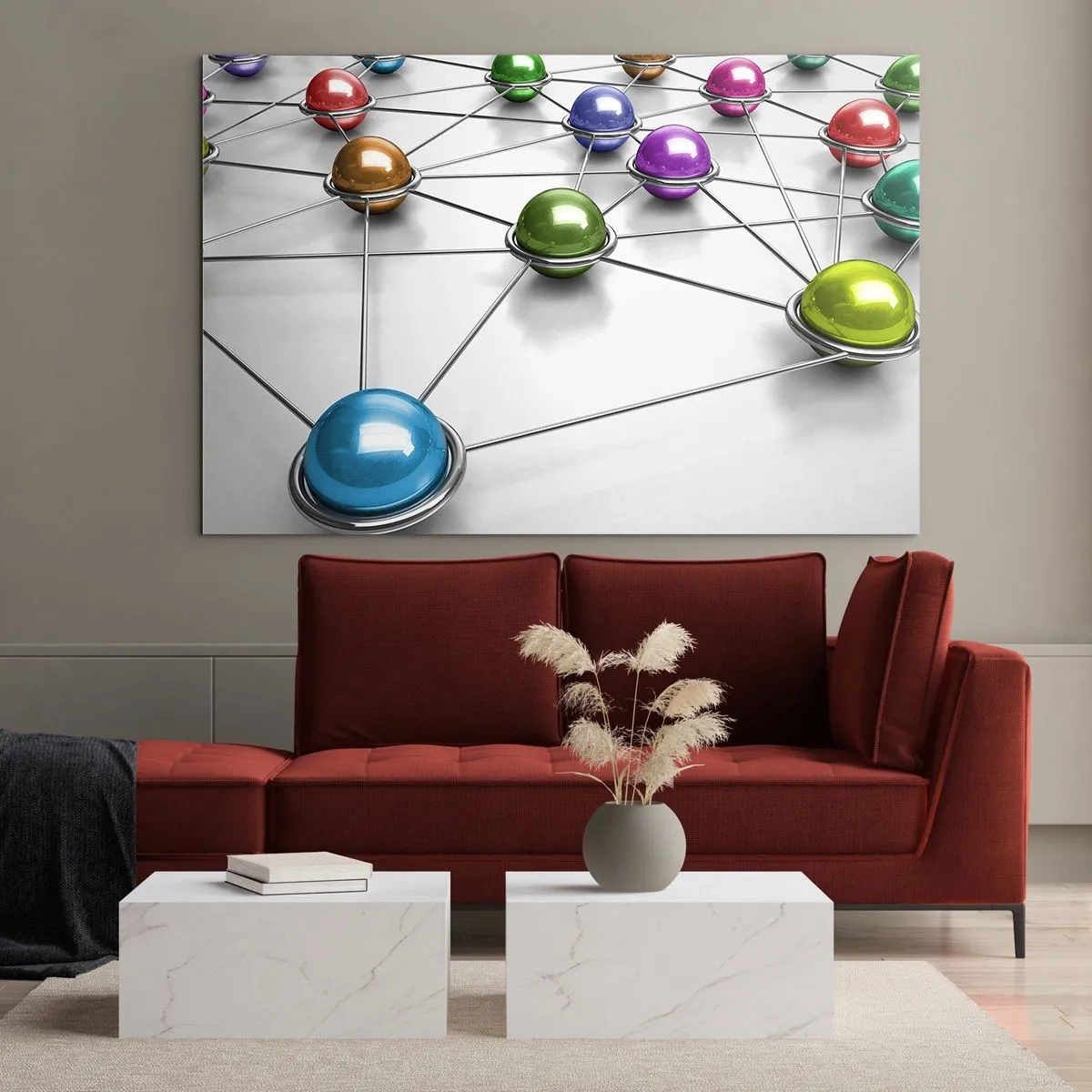 Glastavla - Bild på glas - Färgglada bollar sammankopplade med linjer mot en ljus bakgrund - 70x50cm - Rymdens spindelnät - Modern väggdekoration för vardagsrum och sovrum ARTTOR