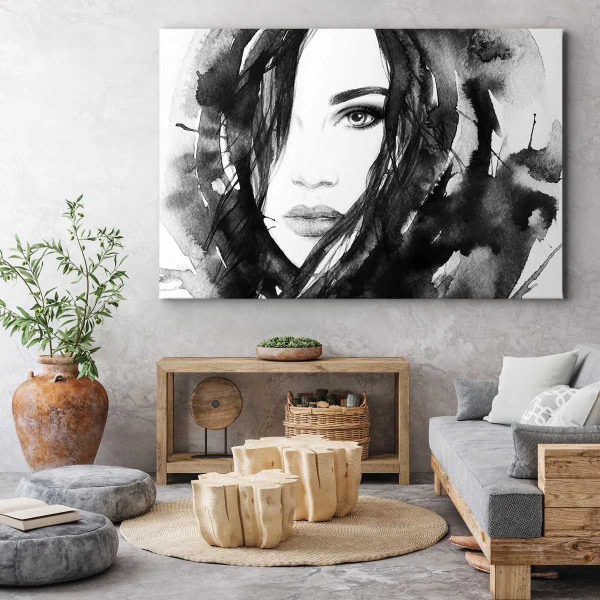 Canvastavla - Bild på duk - Porträtt av en kvinna i svartvit akvarell - 70x50cm - En damportätt i svart och vit - Modern väggdekoration för vardagsrum och sovrum ARTTOR