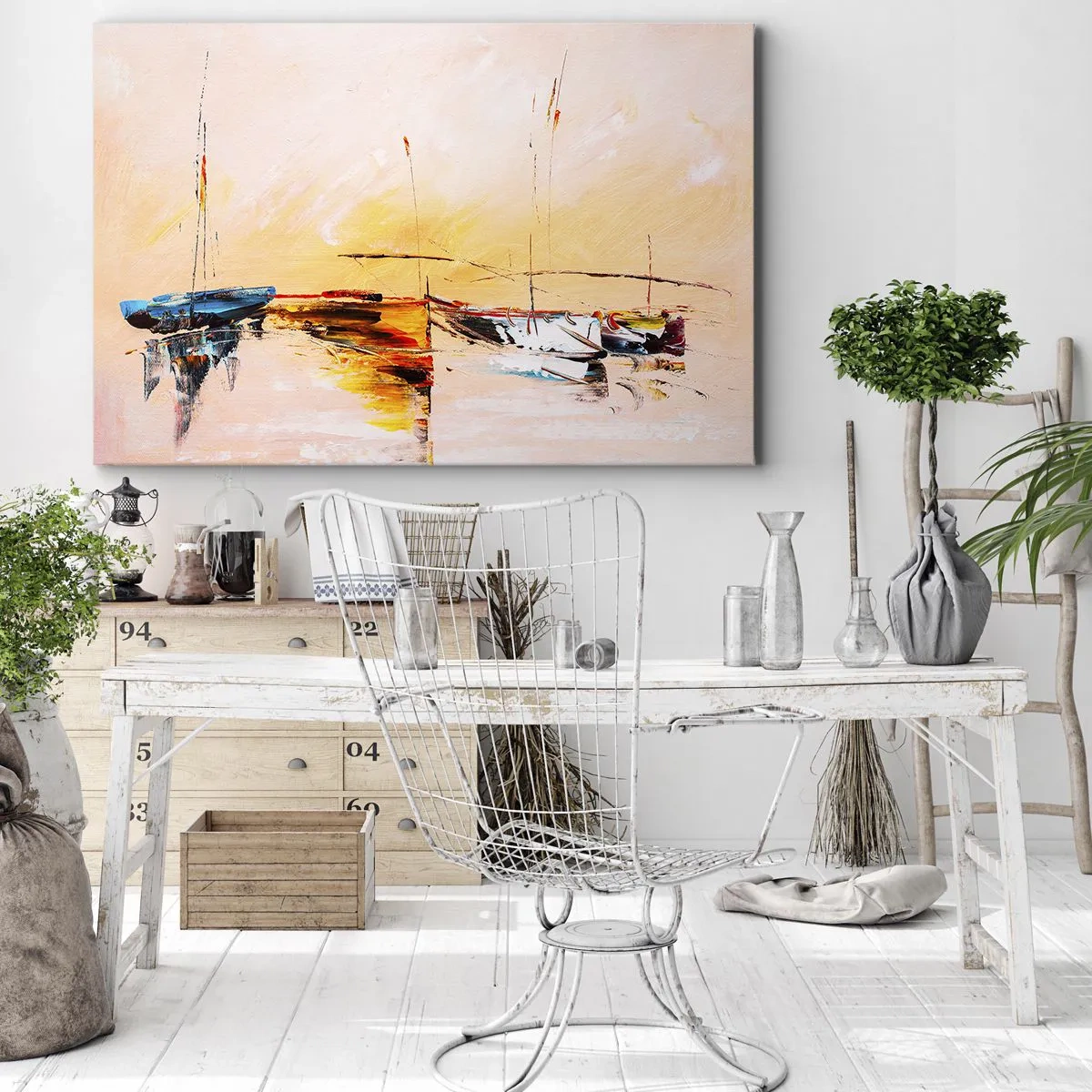Canvastavla - Bild på duk - Färgglada båtar på lugnt vatten vid solnedgången - 70x50cm - En kväll i hamnen - Modern väggdekoration för vardagsrum och sovrum ARTTOR