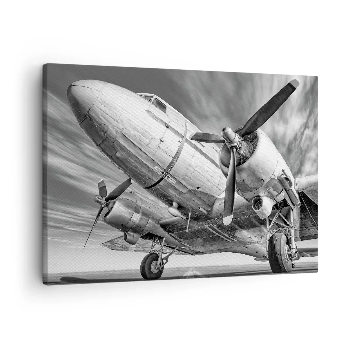Canvastavla - Bild på duk - En svartvit bild av ett klassiskt flygplan med synliga strukturella detaljer. - 70x50cm - Alltid flygklart - Modern väggdekoration för vardagsrum och sovrum ARTTOR