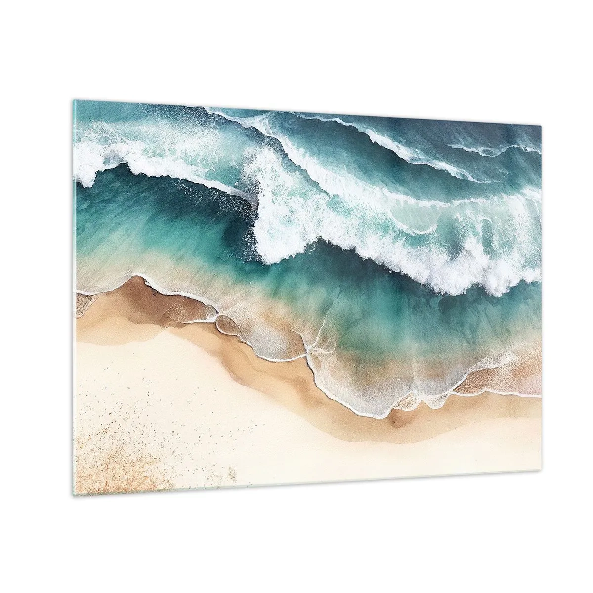 Glastavla - Bild på glas - Havsvågor som slår mot en gyllene sandstrand - 70x50cm - Ett evigt möte - Modern väggdekoration för vardagsrum och sovrum ARTTOR