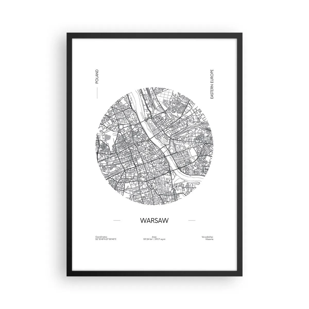 Affisch i svart ram - Minimalistisk karta över Warszawa i en cirkel - 50x70cm - Warszawas anatomi - Modern väggdekoration för vardagsrum och sovrum ARTTOR